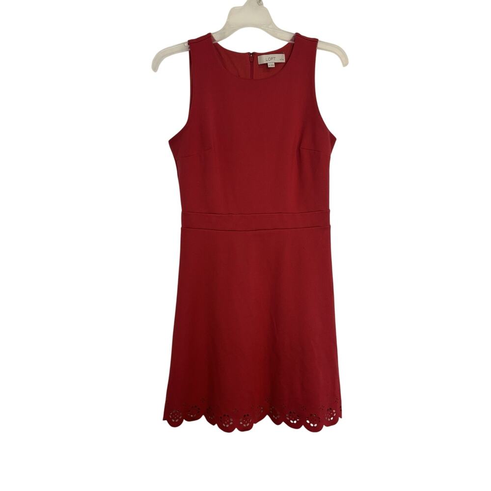 Loft Rosy Red Eyelet Scallop Hem Sleeveless Cocktail Dress 4P Wedding Guest